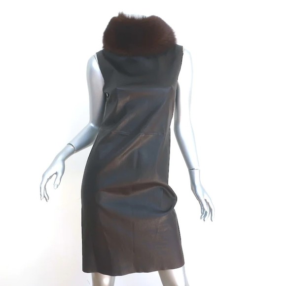 Prada Leather Sheath Dress with Removable Fur Collar Dark Brown Size 44 - Picture 1 of 10